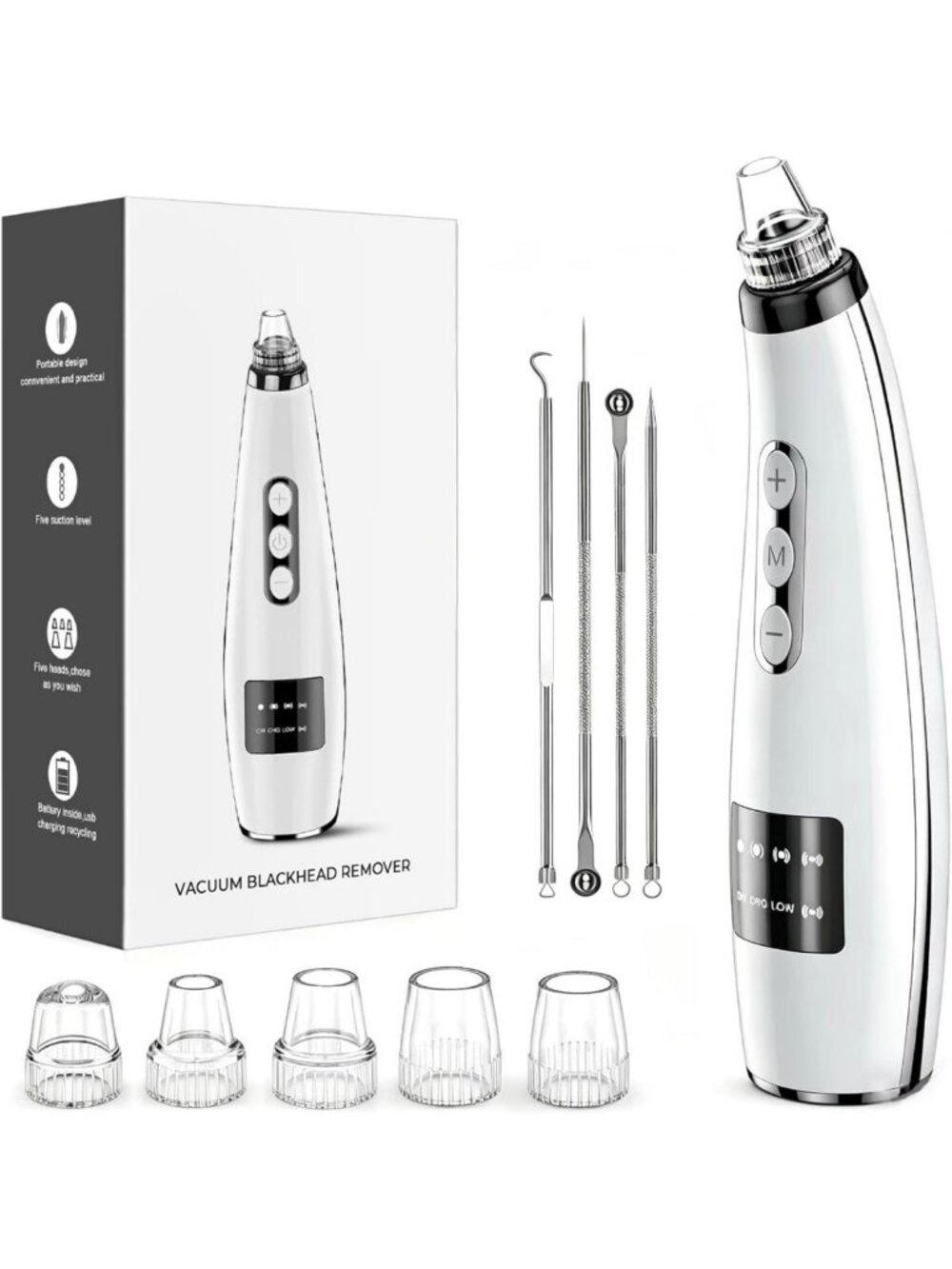 Blackhead Remover Vacuum - Facial Pore Extractor with 5 Suction Levels & Probes